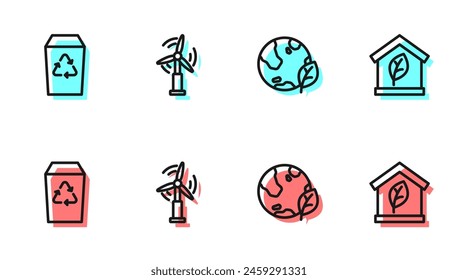 Set line Earth globe and leaf, Recycle bin, Wind turbine and Eco friendly house icon. Vector