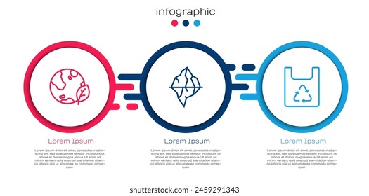 Set line Earth globe and leaf, Iceberg and Shopping bag with recycle. Business infographic template. Vector