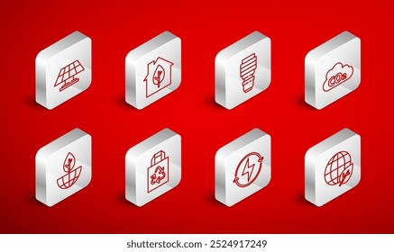 Set line Earth globe and leaf, Eco friendly house, LED light bulb, CO2 emissions in cloud, Lightning bolt, Solar energy panel, Paper bag with recycle and plant icon. Vector