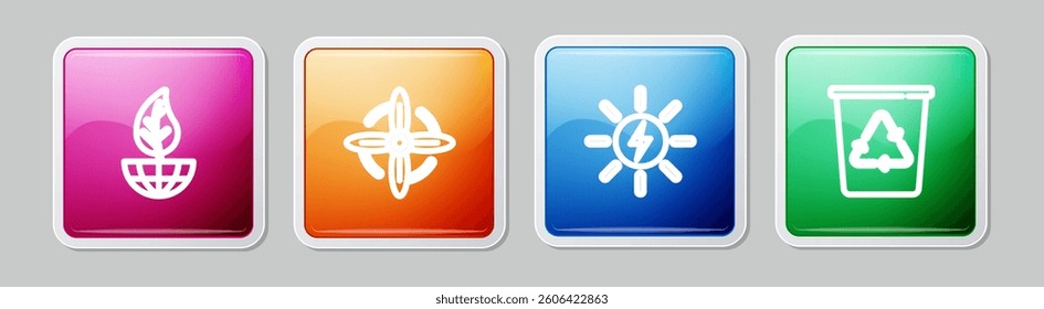 Set line Earth globe and leaf, Wind turbine, Solar energy panel and Recycle with recycle. Colorful square button. Vector