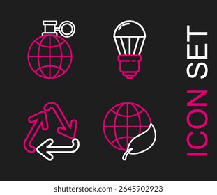 Set line Earth globe and leaf, Recycle symbol, LED light bulb and Planet earth recycling icon. Vector