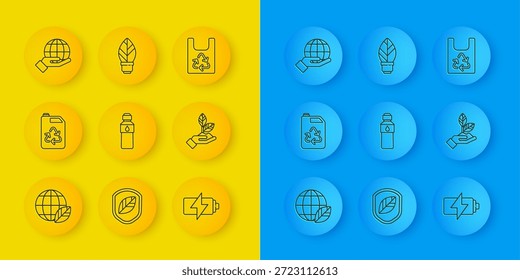 Set line Terra globo e folha, Eco botija de combustível, Garrafa de água, Bateria, Planta na mão, Mão segurando, Saco de plástico com reciclável e ícone de lâmpada. Vetor