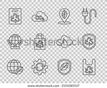 Set line Earth globe and leaf, Plastic bag with recycle, Location, Gear arrows workflow, Paper, Shield and Recycle symbol inside shield icon. Vector