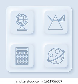 Set line Earth globe, Light rays in prism, Calculator and Planet. White square button. Vector