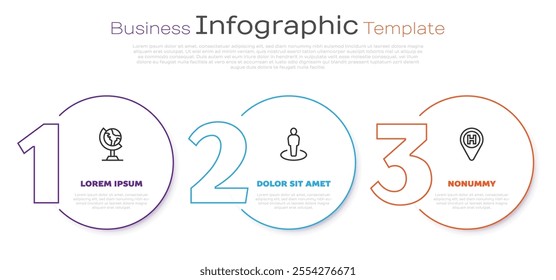 Set line Earth globe, Location with person and Helicopter landing pad. Business infographic template. Vector