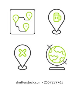 Set line Earth globe, Location with cross mark, Alcohol or beer bar location and Route icon. Vector