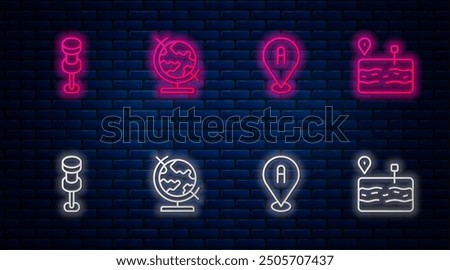 Set line Earth globe, Location, Push pin and Broken road. Glowing neon icon on brick wall. Vector