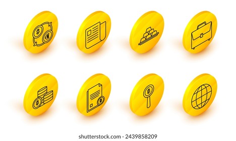 Set line Earth globe, Magnifying glass and dollar symbol, Finance document, Coin money with, Briefcase, Gold bars, File and Money exchange icon. Vector