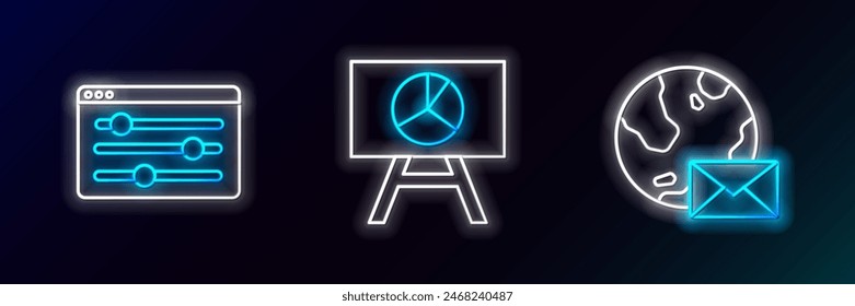 Fijar la línea del globo terrestre con el correo, la configuración del navegador y el Tablero gráfico gráfico icono. Neón brillante. Vector