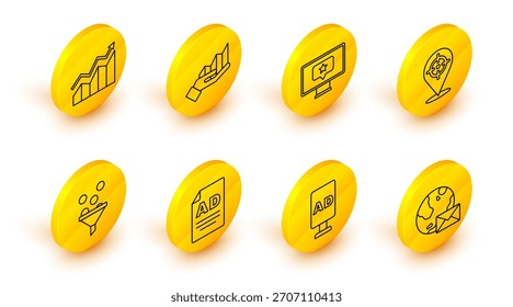 Set line Earth Globus mit Mail, Werbung, Lead-Management, Ziel, Monitor-Stern, Tortendiagramm Infografik und Finanzwachstum erhöhen Symbol. Vektorgrafik