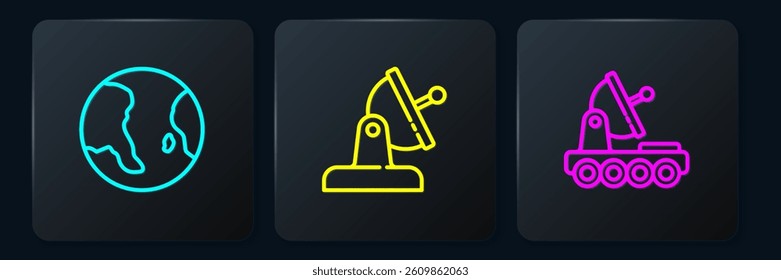 Set line Earth globe, Mars rover and Satellite dish. Black square button. Vector