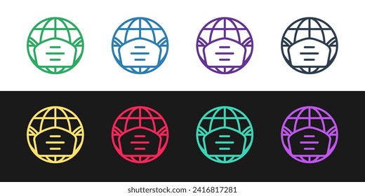 Set line Earth globe with medical mask icon isolated on black and white background.  Vector