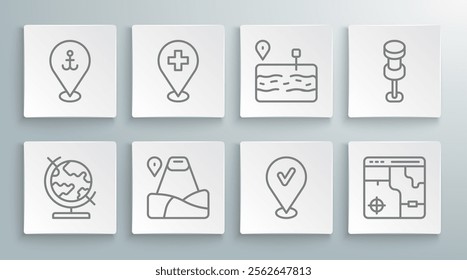 Set line Earth globe, Medical location with cross, Location mountain, check mark, Infographic of city map, Broken road, Push pin and anchor icon. Vector