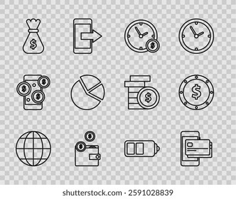 Set line Earth globe, Mobile phone and credit card, Time is money, Wallet with coins, Money bag, Pie chart infographic, Battery charge level indicator and Coin dollar symbol icon. Vector - Powered by Shutterstock - Get 15% off with code: PIKWIZARD15