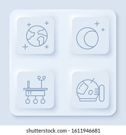 Set line Earth globe, Moon and stars, Mars rover and Astronaut helmet. White square button. Vector