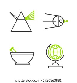 Set line Earth globe, Mortar and pestle, Satellite and Light rays in prism icon. Vector