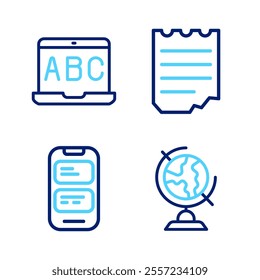 Set line Earth globe, Online translator, Notebook and Foreign language online study icon. Vector