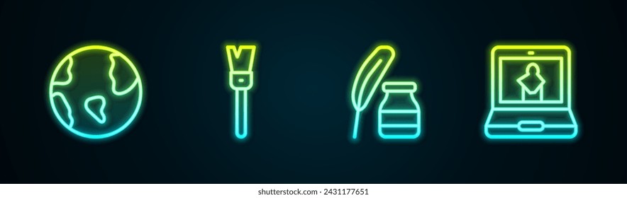 Set line Earth globe, Paint brush, Feather and inkwell and Online museum. Glowing neon icon. Vector