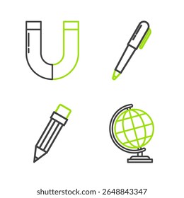Set line Earth globe, Pencil with eraser,  and Magnet icon. Vector