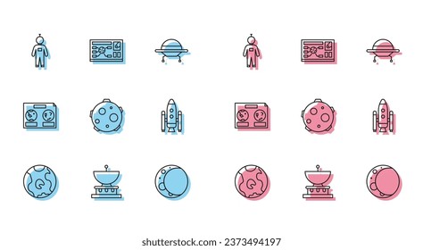 Set line Earth globe, Planet Saturn, Astronaut, Moon, UFO abducts cow, Space shuttle and rockets, Celestial map of the night sky and Futuristic hud interface icon. Vector