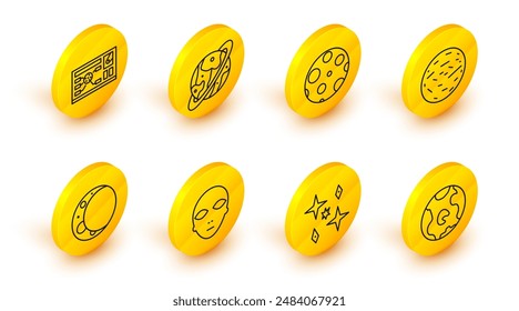 Set line Earth globe, Planet, Alien, Moon, Mars, Space capsule and parachute and Futuristic hud interface icon. Vector