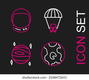 Set line Earth globe, Planet Venus, Saturn and Astronaut helmet icon. Vector