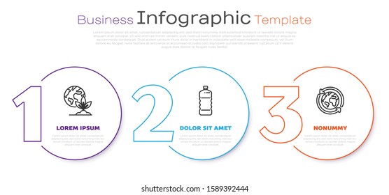 Set line Earth globe and plant, Plastic bottle and Planet earth and a recycling. Business infographic template. Vector