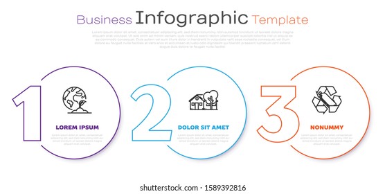 Set line Earth globe and plant, Eco friendly house and Recycling plastic bottle. Business infographic template. Vector
