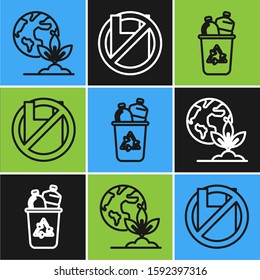 Set line Earth globe and plant, Recycle bin with recycle symbol and Say no to plastic bags poster icon. Vector