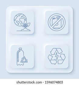 Set line Earth globe and plant, No canister for gasoline, Recycling plastic bottle and Battery with recycle symbol. White square button. Vector