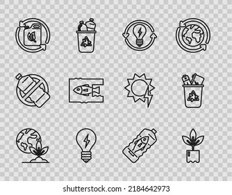 Set line Earth globe and plant, Plant in bottle, Recycle light bulb with lightning symbol, Light, Bio fuel canister, Stop ocean plastic pollution,  and bin recycle icon. Vector