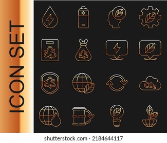 Set line Earth globe and plant, CO2 emissions in cloud, Location with leaf, Human head inside, Garbage bag recycle, Paper, Water energy and Lightning bolt icon. Vector