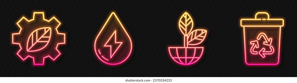Set line Earth globe and plant, Leaf plant in gear machine, Water energy and Recycle bin with recycle. Glowing neon icon. Vector