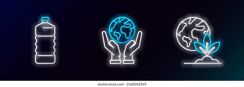 Set line Earth globe and plant, Plastic bottle and Human hands holding icon. Glowing neon. Vector