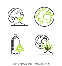 Set line Earth globe and plant, Recycling plastic bottle,  and  icon. Vector