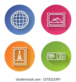 Set line Earth globe, Postal stamp and Mountains, Postal stamp and Eiffel tower and Travel ticket. Color circle button. Vector