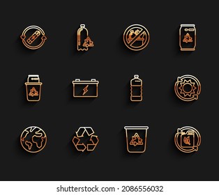 Set line Earth globe, Recycle symbol, Battery with recycle line, bin, Bio fuel canister, Car battery, Solar energy panel and Plastic bottle icon. Vector