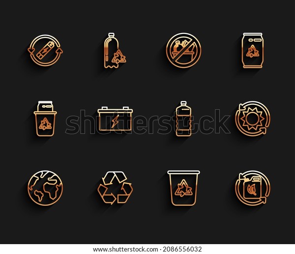 Set line Earth globe, Recycle symbol,\
Battery with recycle line, bin, Bio fuel canister, Car battery,\
Solar energy panel and Plastic bottle icon.\
Vector