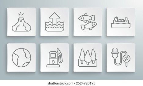 Set line Earth globe, Rise in water level, Petrol or gas station, Forest, Electric saving plug leaf, Dead fish, Oil tanker ship and Volcano eruption with lava icon. Vector