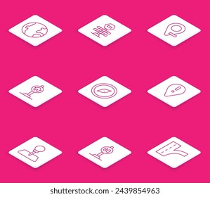 Fije la línea del globo terrestre, barrera de la carretera, ubicación, señal del hotel para el tráfico, brújula, con signo de exclamación, pin de empuje e icono del límite de velocidad. Vector