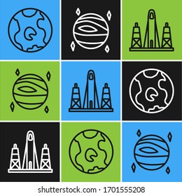 Fije la línea Tierra globo, lanzamiento del cohete desde el puerto espacial y el icono Planeta Venus. Vector