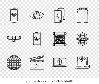 Fije el globo de la tierra, el router y el wi-fi, el banco del poder, el clapper de la película, el smartphone con la radio, la frecuencia cardíaca, el escudo del ordenador portátil y el icono ULTRAVIOLETA de la protección. Vector