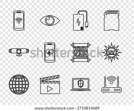 Set line Earth globe, Router and wi-fi, Power bank, Movie clapper, Smartphone with wireless, heart rate, Laptop shield and UV protection icon. Vector