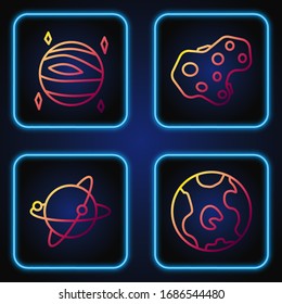 Set line Earth Globus, Satelliten um den Planeten Erde, Planet Venus und Asteroid. Farbsymbole. Vektorillustration