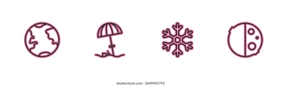 Set line Earth globe, Snowflake, Sun protective umbrella for beach and Eclipse of the sun icon. Vector
