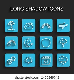 Set line Earth globe and sun, Sunrise, protective umbrella for beach, Calendar, Cloud with snow, Moon stars, Storm and  icon. Vector