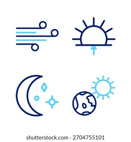 Fije la línea Globo de la tierra y el sol, estrellas de la luna, amanecer y icono del viento. Vector
