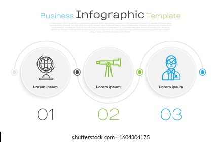 Set line Earth globe, Telescope and Scientist. Business infographic template. Vector
