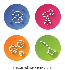 Set line Earth globe, Telescope, Planet and Great Bear constellation. Color circle button. Vector