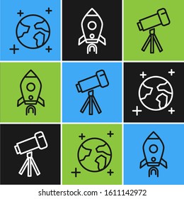 Set line Earth globe, Telescope and Rocket ship with fire icon. Vector